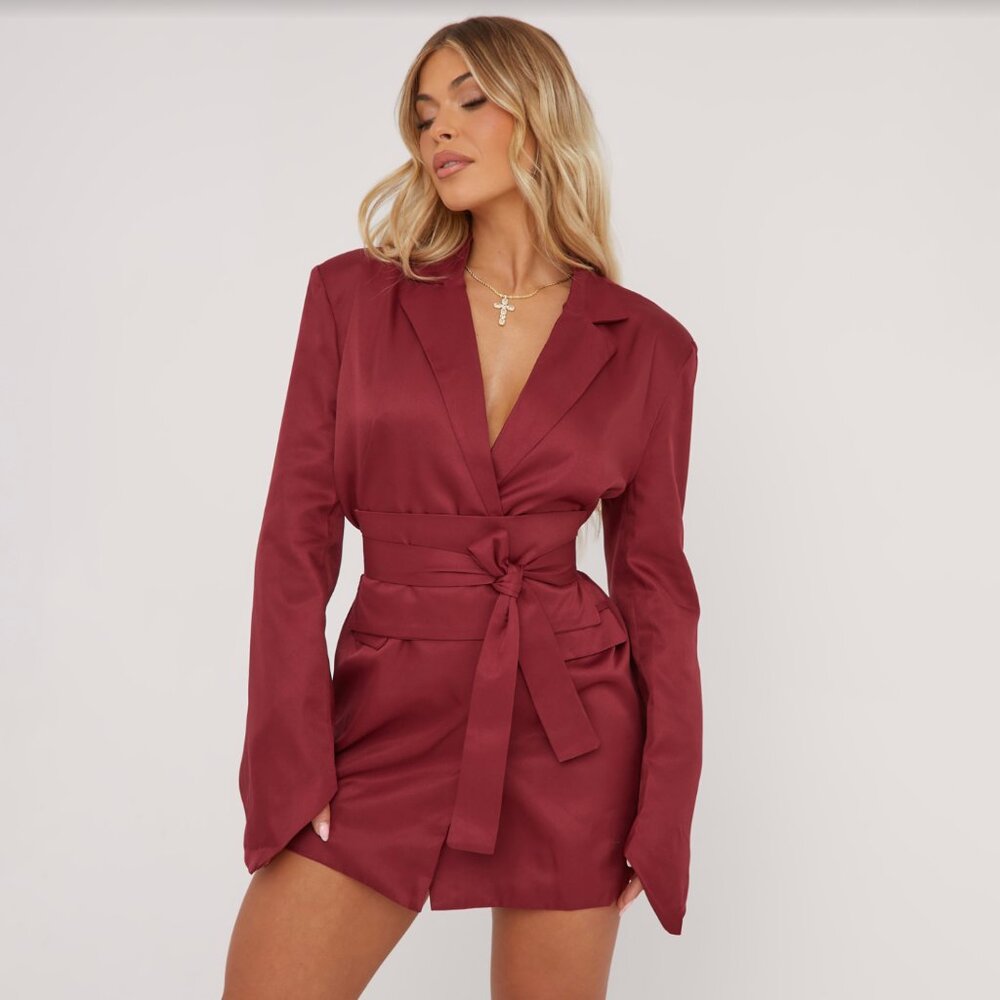 EGO OVERSIZED BELTED DETAIL BLAZER DRESS IN BURGUNDY WOVEN SZ US 2 / UK 6